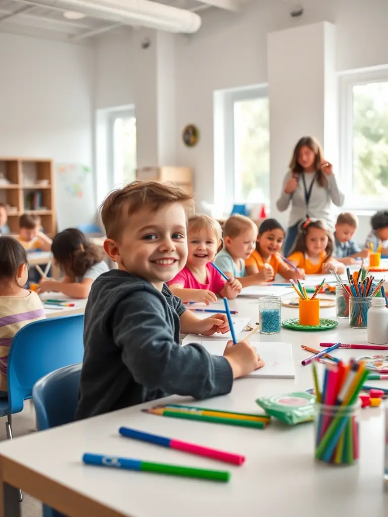 A picture of children participating in an arts and crafts workshop organized by the COMITÉ DES FÊTES DE CROUZIT HAUT, with volunteers assisting them in creating colorful artwork.