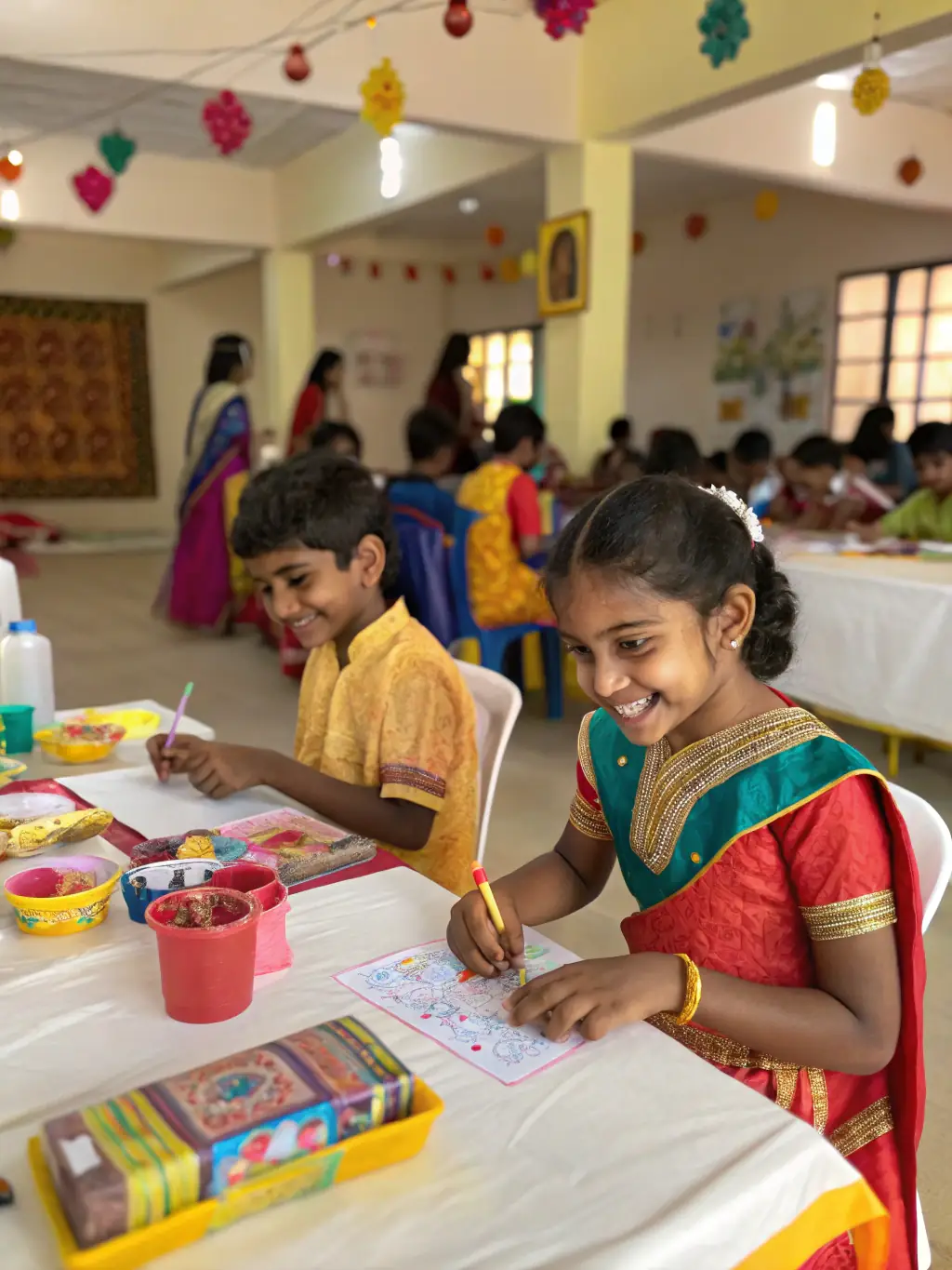 A photograph capturing a group of children participating in an arts and crafts workshop during a local festival organized by COMITÉ DES FÊTES DE CROUZIT HAUT, showcasing their creativity and engagement.